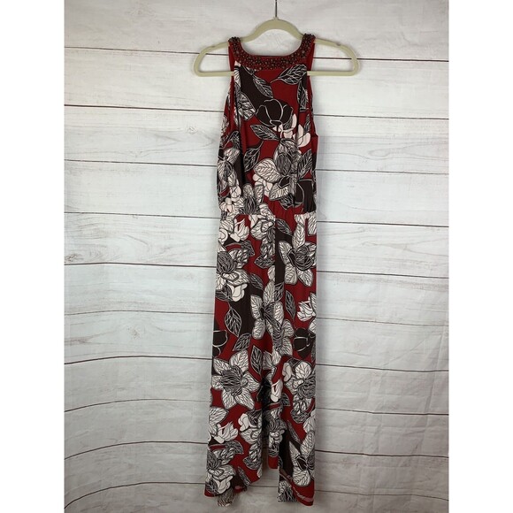 Jones New York Dress maxi Long 8 medium red brown floral blouson red wood Beads - Picture 7 of 12